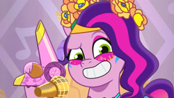 Size: 3072x1727 | Tagged: safe, imported from derpibooru, screencap, pipp petals, pegasus, pony, spoiler:g5, spoiler:my little pony: tell your tale, spoiler:tyts01e55, bridlewoodstock (tell your tale), eyebrows, female, g5, grin, hair dryer, mare, microphone, my little pony: tell your tale, raised eyebrow, smiling, solo