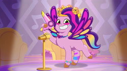 Size: 3072x1727 | Tagged: safe, imported from derpibooru, screencap, pipp petals, pegasus, pony, spoiler:g5, spoiler:my little pony: tell your tale, spoiler:tyts01e55, bridlewoodstock (tell your tale), female, g5, grin, hair dryer, mare, microphone, my little pony: tell your tale, smiling, solo, spread wings, wings