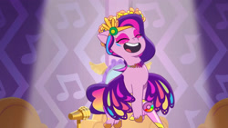 Size: 3072x1727 | Tagged: safe, imported from derpibooru, screencap, pipp petals, pegasus, pony, spoiler:g5, spoiler:my little pony: tell your tale, spoiler:tyts01e55, bridlewoodstock (tell your tale), eyes closed, female, flying, g5, hair dryer, mare, microphone, my little pony: tell your tale, open mouth, open smile, smiling, solo, spread wings, wings
