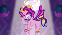Size: 3072x1727 | Tagged: safe, imported from derpibooru, screencap, pipp petals, pegasus, pony, spoiler:g5, spoiler:my little pony: tell your tale, spoiler:tyts01e55, bridlewoodstock (tell your tale), eyes closed, female, flying, g5, grin, hair dryer, mare, my little pony: tell your tale, smiling, solo, spread wings, wings