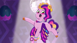 Size: 3072x1727 | Tagged: safe, imported from derpibooru, screencap, pipp petals, pegasus, pony, spoiler:g5, spoiler:my little pony: tell your tale, spoiler:tyts01e55, :o, bridlewoodstock (tell your tale), female, flying, g5, hair dryer, mare, my little pony: tell your tale, open mouth, solo, spread wings, wings