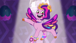 Size: 3072x1727 | Tagged: safe, imported from derpibooru, screencap, pipp petals, pegasus, pony, spoiler:g5, spoiler:my little pony: tell your tale, spoiler:tyts01e55, bridlewoodstock (tell your tale), female, flying, g5, hair dryer, mare, my little pony: tell your tale, open mouth, open smile, smiling, solo, spread wings, wings