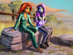 Size: 1200x900 | Tagged: safe, artist:harwick, imported from ponybooru, starlight glimmer, sunset shimmer, equestria girls, clothes, commission, duo, outdoors, sitting