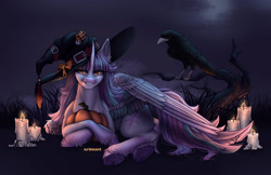 Size: 2381x1547 | Tagged: safe, artist:artmael sverr, imported from derpibooru, oc, oc only, alicorn, bird, pony, raven (bird), alicorn oc, candle, crossed hooves, hat, horn, looking at you, pumpkin, raised tail, solo, tail, underhoof, wings