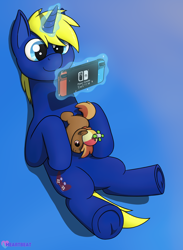 Size: 1900x2600 | Tagged: safe, artist:passionpanther, imported from derpibooru, button mash, oc, oc:power play, pony, unicorn, blue background, controller, magic, nintendo switch, plushie, simple background, solo, telekinesis
