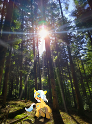 Size: 1516x2048 | Tagged: safe, artist:miwq, imported from derpibooru, oc, oc:aurore soleilevant, pony, unicorn, forest, irl, light, looking at you, orange coat, photo, ponies in real life, solo, tree