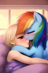 Size: 2048x3072 | Tagged: safe, imported from derpibooru, rainbow dash, oc, human, pegasus, pony, ai content, ai generated, blushing, cuddling, cute, duo, eyes closed, female, generator:novelai, generator:stable diffusion, high res, human female, human on pony snuggling, indoors, lesbian, looking at someone, mare, prompter:endless--, smiling, snuggling, wings