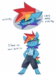 Size: 2200x2966 | Tagged: safe, artist:nekosnicker, imported from derpibooru, rainbow dash, pony, semi-anthro, 2 panel comic, bipedal, clothes, comic, denim, denim shorts, dialogue, lidded eyes, open mouth, pride flag, pride month, shorts, simple background, solo, white background