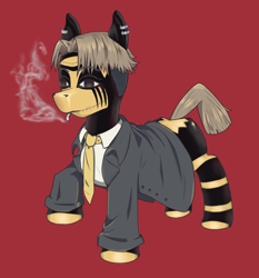 Size: 1044x1119 | Tagged: safe, anonymous artist, derpibooru exclusive, imported from derpibooru, oc, oc only, chainsaw man, cigarette, clothes, commission, ear piercing, necktie, older, piercing, red background, simple background, smoking, suit