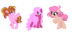 Size: 5840x2728 | Tagged: safe, artist:ocean-drop, imported from derpibooru, oc, oc only, oc:cherry chunga, oc:cotton candy, oc:sweetie pie, earth pony, pony, base used, eyes closed, female, grin, hair over one eye, offspring, parent:cheese sandwich, parent:pinkie pie, parents:cheesepie, siblings, simple background, sisters, smiling, trio, white background