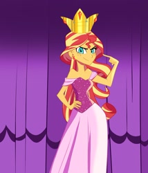 Size: 1088x1271 | Tagged: safe, alternate version, artist:ignoto_delta, imported from derpibooru, sunset shimmer, human, equestria girls, equestria girls (movie), clothes, crown, curtains, dress, female, freckles, jewelry, looking at you, regalia, scene interpretation, sinister smile, smiling, smiling at you, solo