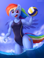 Size: 3000x4000 | Tagged: safe, artist:irisarco, imported from derpibooru, rainbow dash, anthro, pegasus, ball, blurry background, breasts, clothes, cloud, day, ear fluff, female, flowing mane, flowing tail, looking at you, ocean, one-piece swimsuit, open mouth, outdoors, running, sky, smiling, solo, sports, spread wings, standing, summer, swimsuit, tail, volleyball, water, watermark, wet, wings