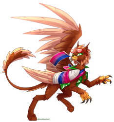 Size: 4616x4928 | Tagged: safe, artist:greenmaneheart, imported from derpibooru, oc, oc only, oc:pavlos, griffon, bandage, bisexual, broken bone, broken wing, cast, chest fluff, claws, clothes, eared griffon, flag, griffon oc, hawaiian shirt, injured, one eye closed, one wing out, pride, shirt, simple background, sling, solo, sunglasses, transparent background, wing cast, wing sling, wings, wink
