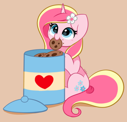 Size: 3470x3345 | Tagged: safe, artist:kittyrosie, imported from derpibooru, oc, oc only, oc:rosa flame, pony, unicorn, cookie, cookie jar, flower, flower in hair, food, heart, messy eating, mouth hold, simple background