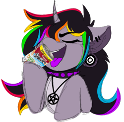Size: 547x535 | Tagged: safe, artist:woofpoods, imported from derpibooru, oc, oc:strobestress, pony, unicorn, can, collar, colorful, ear piercing, earring, gauges, horn, jewelry, meme, pentagram, piercing, purple tongue, solo