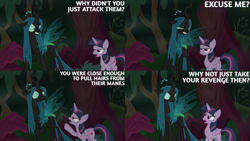 Size: 2000x1125 | Tagged: safe, edit, edited screencap, editor:quoterific, imported from derpibooru, screencap, mean twilight sparkle, queen chrysalis, the mean 6, everfree forest, forest