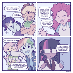 Size: 1200x1200 | Tagged: safe, imported from derpibooru, applejack, fluttershy, pinkie pie, rainbow dash, rarity, sci-twi, twilight sparkle, equestria girls, 4 panel comic, 4koma, applejack's hat, clothes, comic, cowboy hat, hat, implied lesbian, implied scitwishimmer, implied shipping, jacket, laughing, mane six