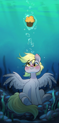 Size: 1300x2692 | Tagged: safe, artist:rexyseven, imported from derpibooru, derpy hooves, pegasus, pony, absurd resolution, blushing, bubble, crepuscular rays, cupcake, cute, digital art, feather, female, flowing mane, flowing tail, food, happy, holding breath, looking up, mare, ocean, rock, seaweed, sitting, smiling, solo, spread wings, sunlight, tail, underwater, water, wings, yellow eyes, yellow mane, yellow tail
