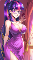 Size: 864x1536 | Tagged: safe, editor:sammykun, imported from derpibooru, sci-twi, twilight sparkle, human, ai content, ai generated, big breasts, breasts, busty twilight sparkle, cleavage, clothes, cute, dress, generator:novelai, generator:stable diffusion, glasses, humanized, long dress, long hair, looking at you, prompter:sammykun, reasonably sized breasts, request, requested art, sexy, simple background, smiling, smiling at you, smirk, tight clothing, vacuum sealed clothing