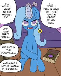 Size: 1600x2000 | Tagged: safe, artist:cladur, trixie, pony, unicorn, blushing, book, dialogue, hypnosis, magic, sitting, talking to viewer, telekinesis, trixie's wagon