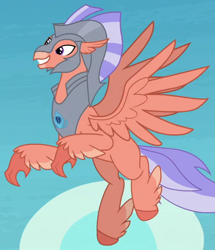 Size: 590x685 | Tagged: safe, imported from derpibooru, screencap, classical hippogriff, hippogriff, surf and/or turf, beak, chestplate, cropped, feathered fetlocks, flying, g4, grin, helmet, sky, smiling, solo, spread wings, tail, unnamed character, unnamed hippogriff, wings