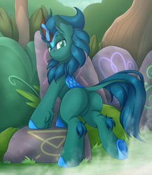 Size: 3513x4030 | Tagged: safe, alternate version, artist:pearlyiridescence, imported from derpibooru, oc, oc only, oc:poison trail, kirin, butt, cloven hooves, curved horn, ear fluff, featureless crotch, horn, jungle, kirin-ified, leonine tail, looking back, male, plot, solo, solo male, species swap, stallion, steam, tail