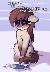 Size: 1062x1530 | Tagged: safe, artist:shepardinthesky, oc, oc only, oc:frosty flakes, fish, pony, chest fluff, crying, dialogue, eye clipping through hair, female, makeup, mare, running makeup, sitting, snow, solo, yakutian horse