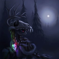 Size: 3000x3000 | Tagged: safe, artist:dr-fade, oc, oc only, pony, antlers, cloak, clothes, female, fog, forest, mare, moon, night, raised hoof, skull, snow, solo, yakutian horse