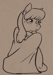 Size: 989x1396 | Tagged: safe, artist:a0iisa, oc, oc only, oc:forest ken, pony, blanket, female, lidded eyes, mare, monochrome, sitting, solo, yakutian horse