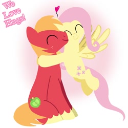 Size: 1400x1400 | Tagged: safe, artist:mlplary6, imported from derpibooru, big macintosh, fluttershy, earth pony, pegasus, pony, eyes closed, female, fluttermac, flying, heart, hug, love, male, mare, shipping, sitting, smiling, stallion, straight, text