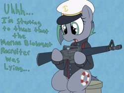 Size: 2400x1800 | Tagged: safe, artist:datte-before-dawn, oc, oc only, oc:kahuna, earth pony, pony, clothes, dialogue, dress uniform, earth pony oc, female, gun, mare, military, military uniform, open mouth, rifle, solo, uniform, weapon