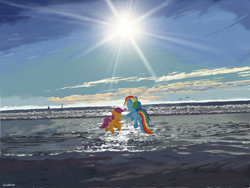 Size: 4000x3000 | Tagged: safe, artist:widelake, imported from derpibooru, rainbow dash, scootaloo, bird, pegasus, seagull, beach, boat, cloud, duo, floating, sun, sunlight