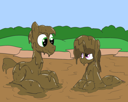 Size: 2000x1600 | Tagged: safe, artist:amateur-draw, imported from derpibooru, oc, oc only, oc:belle boue, oc:oak wood, earth pony, pony, unicorn, covered in mud, male, mud, mud bath, mud play, mud pony, muddy, stallion, wet and messy