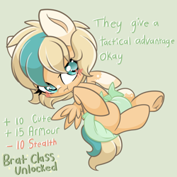 Size: 1200x1200 | Tagged: safe, artist:faelullaby, imported from derpibooru, oc, oc only, oc:sun light, pegasus, blushing, brat, dialogue, diaper, embarrassed, female, filly, foal, green background, lying down, non-baby in diaper, on back, pegasus oc, pouting, simple background, solo, text, wings