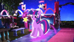 Size: 627x354 | Tagged: safe, imported from derpibooru, twilight sparkle, unicorn, crystal princess celebration, excited, happy, i love when you comb my hair, let's fly to the castle, magic, my wings are so pretty, real life background, stars, transformation, unicorn twilight