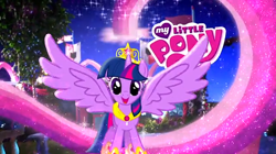 Size: 1226x689 | Tagged: safe, imported from derpibooru, twilight sparkle, alicorn, magical mystery cure, big crown thingy, crystal princess celebration, element of magic, jewelry, logo, magical mystery cure tenth anniversary, my little pony logo, princess, regalia, solo, twilight sparkle (alicorn)