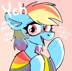 Size: 1658x1648 | Tagged: safe, artist:rtootb, imported from derpibooru, rainbow dash, pegasus, pony, advertisement, commission, cute, digital art, female, flag, g4, headcanon, hooves, lgbt, lgbt headcanon, link in description, looking at you, pastel, pride flag, pride month, sketch, smiling, smiling at you, solo, ych sketch, your character here