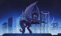 Size: 900x525 | Tagged: safe, artist:hagalazka, imported from derpibooru, pegasus, pony, city, cityscape, clothes, looking at you, solo, spread wings, weapon, wings