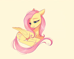 Size: 4096x3290 | Tagged: safe, artist:imalou, deleted from derpibooru, edit, imported from derpibooru, fluttershy, pegasus, pony, cute, eyebrows, female, folded wings, high res, lidded eyes, looking down, lying down, mare, ponyloaf, prone, shyabetes, simple background, sitting, smiling, solo, turned head, wings, yellow background