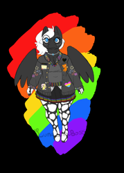 Size: 1184x1652 | Tagged: safe, alternate version, artist:luna_mcboss, imported from derpibooru, oc, oc only, oc:double stuff, anthro, unguligrade anthro, anthro oc, blue eyes, breasts, chubby, clothes, feathered wings, gay pride, gay pride flag, glasses, gray coat, jacket, jewelry, mottled coat, necklace, pansexual, pride, pride flag, pride month, rainbow, rainbow background, simple background, skirt, sweater vest, thick, vest, white mane, wings
