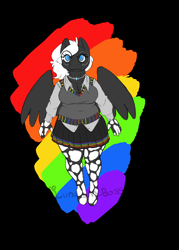 Size: 1184x1652 | Tagged: safe, alternate version, artist:luna_mcboss, imported from derpibooru, oc, oc only, oc:double stuff, anthro, unguligrade anthro, anthro oc, blue eyes, breasts, chubby, clothes, feathered wings, gay pride, gay pride flag, glasses, gray coat, jewelry, mottled coat, necklace, pansexual, pride, pride flag, pride month, rainbow, rainbow background, simple background, skirt, sweater vest, thick, vest, white mane, wings