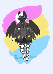 Size: 1184x1652 | Tagged: safe, alternate version, artist:luna_mcboss, imported from derpibooru, oc, oc only, oc:double stuff, anthro, unguligrade anthro, anthro oc, blue eyes, breasts, chubby, clothes, feathered wings, gay pride, gay pride flag, glasses, gray coat, jacket, jewelry, mottled coat, necklace, pansexual, pansexual pride flag, pride, pride flag, pride month, simple background, skirt, sweater vest, thick, vest, white mane, wings