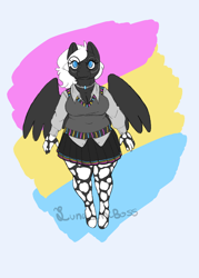 Size: 1184x1652 | Tagged: safe, alternate version, artist:luna_mcboss, imported from derpibooru, oc, oc only, oc:double stuff, anthro, unguligrade anthro, anthro oc, blue eyes, breasts, chubby, clothes, feathered wings, gay pride, gay pride flag, glasses, gray coat, jewelry, mottled coat, necklace, pansexual, pansexual pride flag, pride, pride flag, pride month, simple background, skirt, sweater vest, thick, vest, white mane, wings