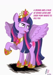 Size: 1024x1448 | Tagged: artist needed, safe, imported from derpibooru, twilight sparkle, alicorn, pony, crown, hoof shoes, jewelry, raised hoof, regalia, simple background, solo, speech bubble, spread wings, twilight sparkle (alicorn), twilight sparkle is not amused, unamused, wings