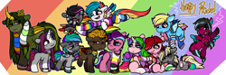 Size: 6000x2000 | Tagged: safe, artist:sexygoatgod, imported from derpibooru, oc, oc only, oc:bad behavior, oc:clover undergrowth, oc:cosmo comet, oc:dozy daisy, oc:lazy hallows, oc:rainblitz energy, oc:rainy shine, oc:razzmatazz gleam, oc:red flag, oc:rosie posie, oc:starfall rotten, oc:wisteria williams, alicorn, bat pony, earth pony, hybrid, pegasus, pony, unicorn, achillean pride flag, agender pride flag, alicorn oc, aroace pride flag, bisexual pride flag, chibi, demiboy pride flag, demigirl pride flag, demiromantic pride flag, genderfluid pride flag, group, horn, lesbian pride flag, nonbinary pride flag, pansexual pride flag, pegabat, polyamory pride flag, polysexual pride flag, pride, pride flag, pride month, questioning pride flag, sapphic pride flag, transfem pride flag, wings