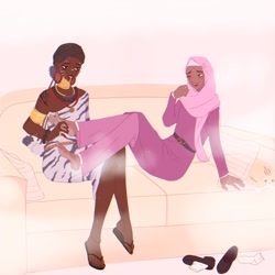 Size: 2048x2048 | Tagged: safe, alternate version, artist:cryweas, derpibooru exclusive, imported from derpibooru, cheerilee, zecora, human, alternate hairstyle, anklet, barefoot, bedroom eyes, belt, bracelet, clothes, commission, couch, cute, dark skin, dress, duo, ear piercing, earring, eyeshadow, feet, female, fetish, flats, foot fetish, grin, hijab, humanized, islam, jewelry, laughing, lesbian, lipstick, makeup, nail polish, necklace, one eye closed, pants, piercing, pillow, ring, sandals, shipping, shoes, skirt, smiling, socks, tattoo, tickle torture, tickling, toenail polish, zecorlee