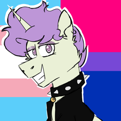 Size: 900x900 | Tagged: safe, artist:fuckomcfuck, imported from derpibooru, oc, oc:ace, pony, unicorn, bisexual pride flag, choker, clothes, ear piercing, earring, eyeshadow, jacket, jewelry, makeup, male, piercing, pride, pride flag, solo, trans male, transgender, transgender pride flag