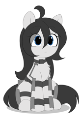 Size: 1500x2250 | Tagged: safe, artist:stablegrass, imported from derpibooru, oc, oc:milly, earth pony, :<, ahoge, collar, colored, exosuit, eye clipping through hair, flat colors, simple background, sitting