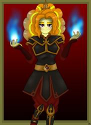 Size: 2975x4092 | Tagged: safe, artist:lennondash, imported from derpibooru, part of a set, adagio dazzle, human, equestria girls, avatar the last airbender, azula, blue fire, clothes swap, crossover, female, fire, firebending, frame, gradient background, lidded eyes, looking at you, red background, simple background, smiling, solo