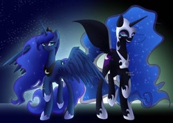 Size: 1280x910 | Tagged: safe, artist:nisitakbrona, imported from derpibooru, nightmare moon, princess luna, alicorn, pony, duo, female